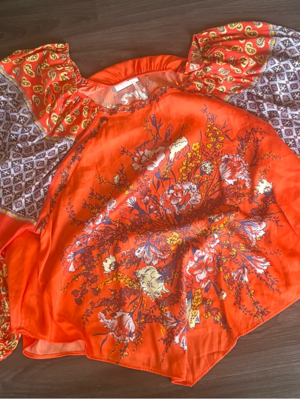 Free People Coral Orange Printed Boho Top